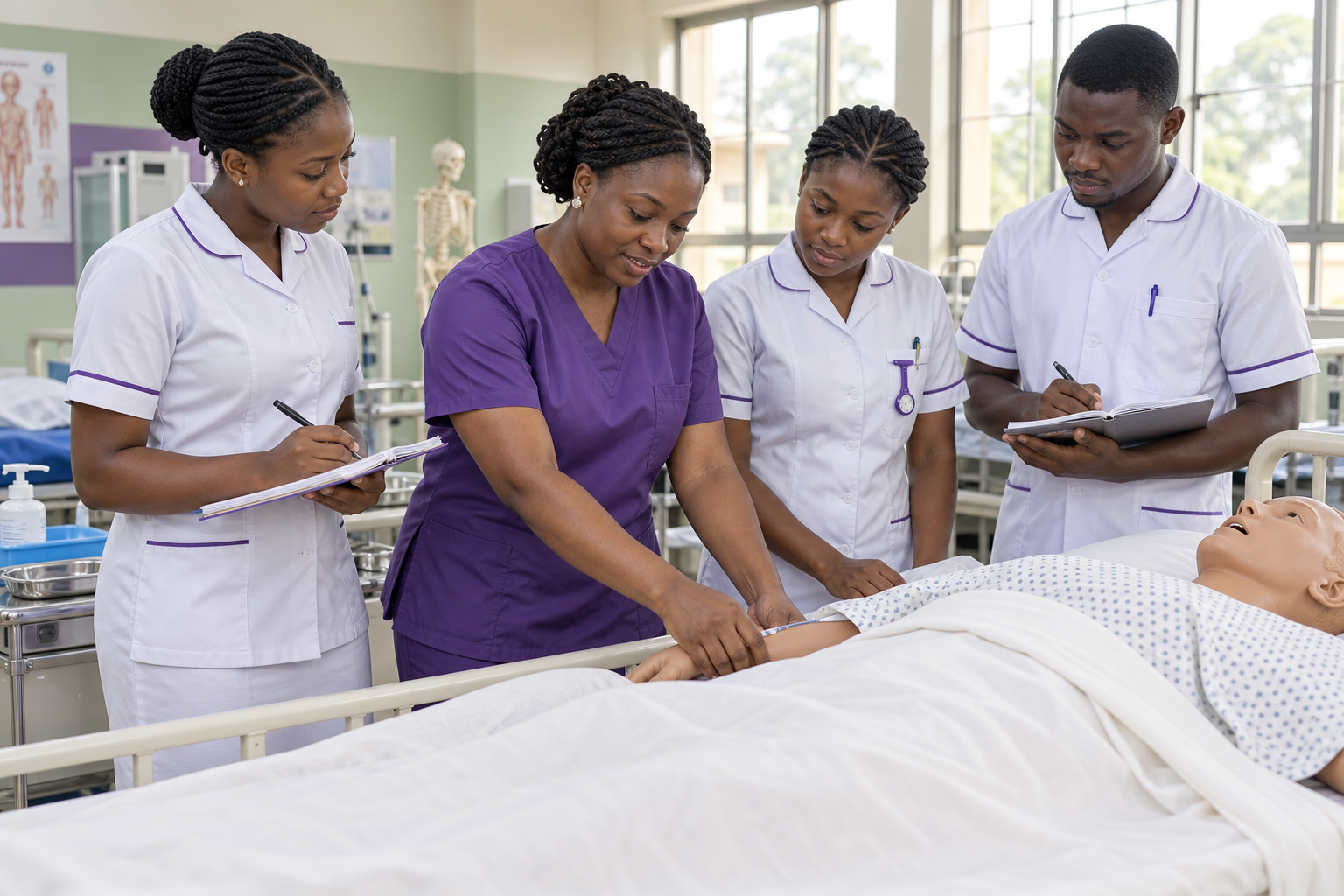 Illustrative scene of Ghanaian nursing students practising with a training mannequin under supervision
